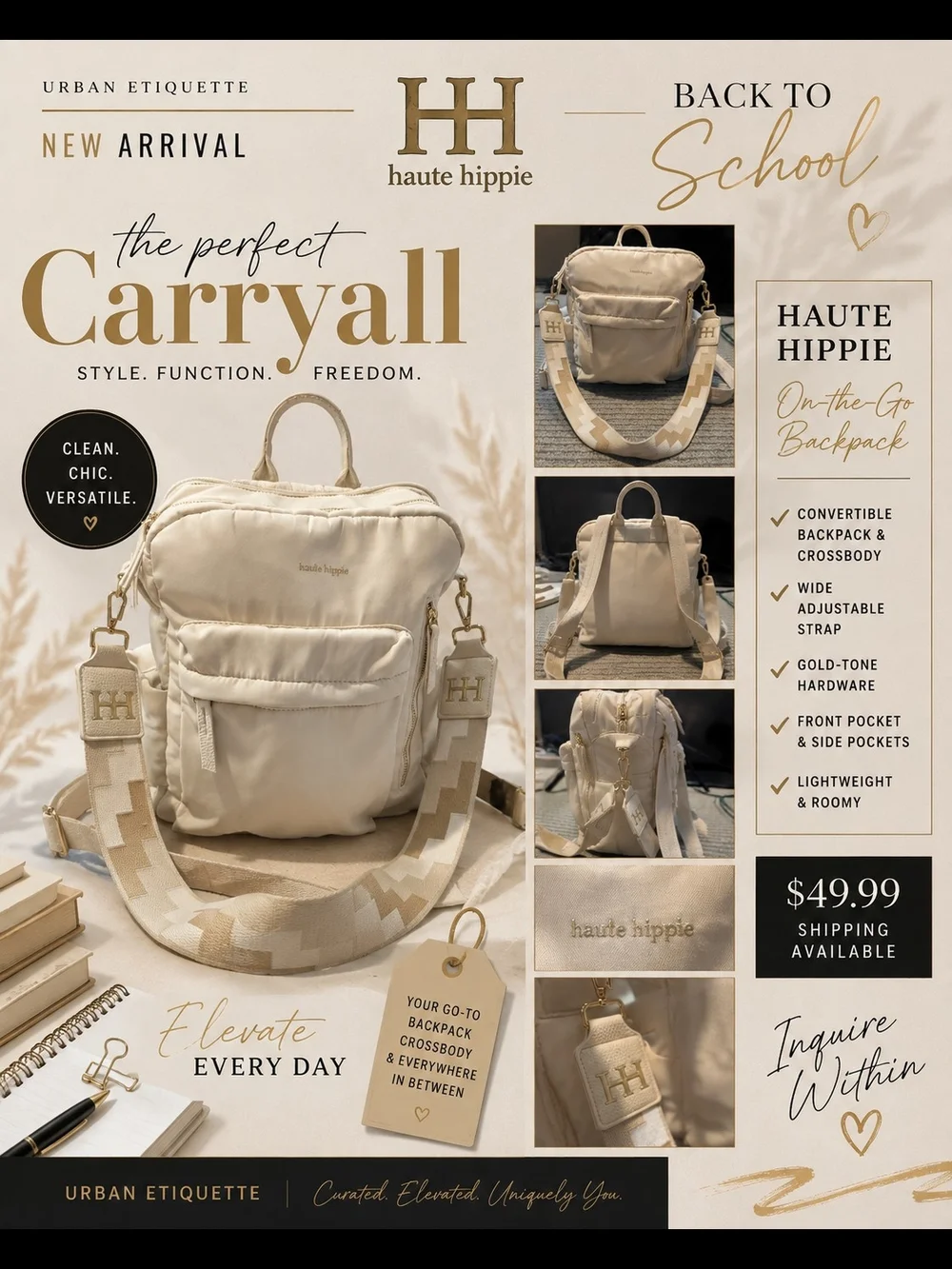 Haute Hippie Cream Convertible Carryall Backpack Crossbody